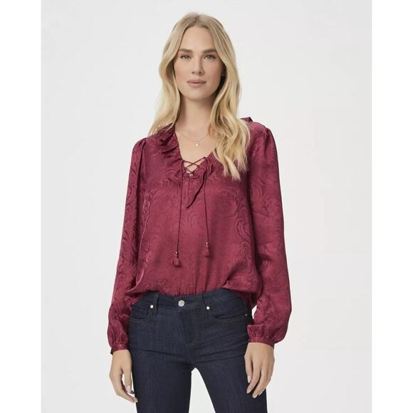 NWT PAIGE Women Ilara Floral Jacquard Silk Top Size Small Boho Peasant Burgundy - Picture 1 of 12